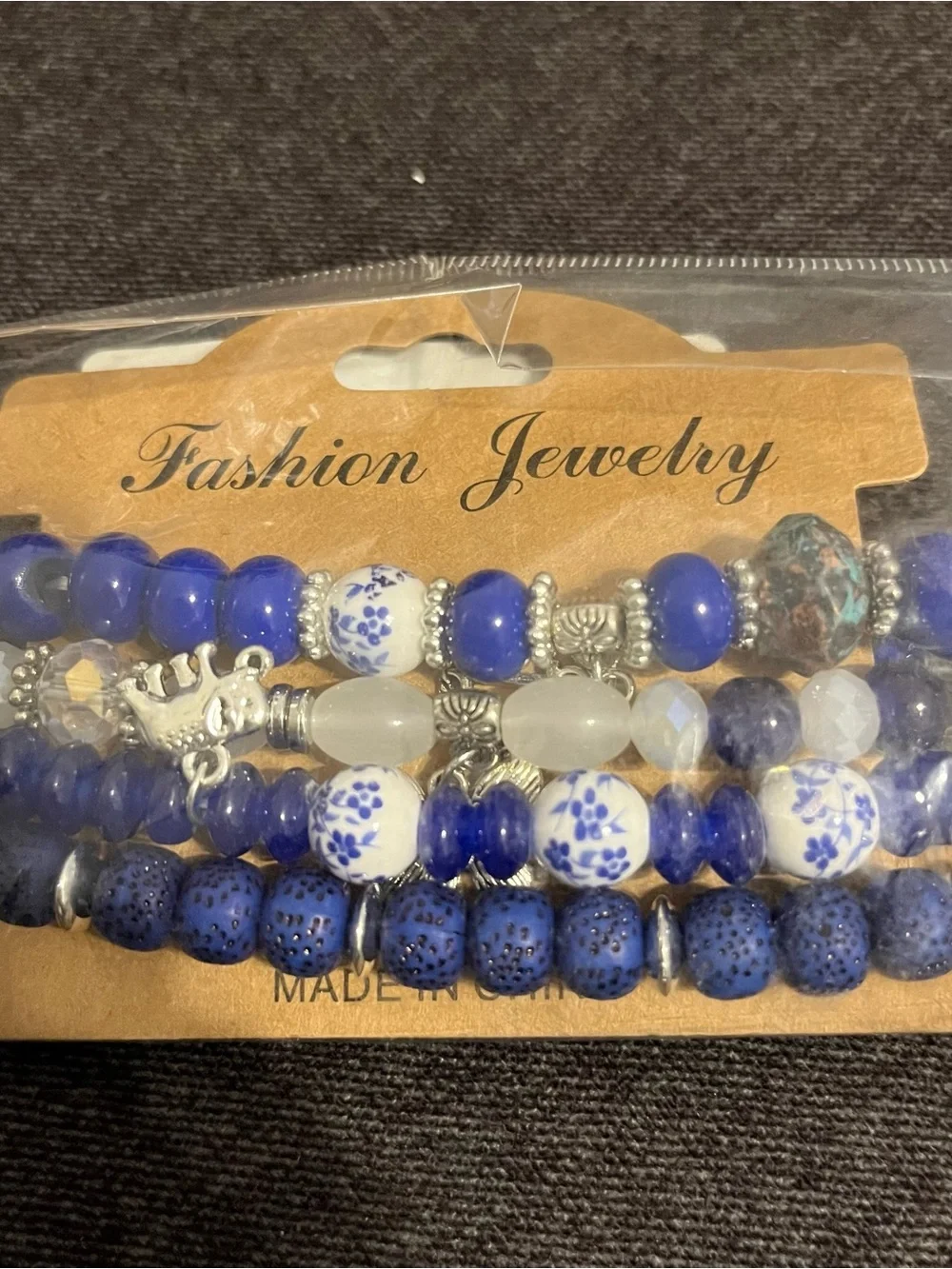 Fashion Jewelry Royal Blue and White Beaded Charm Bracelet Set